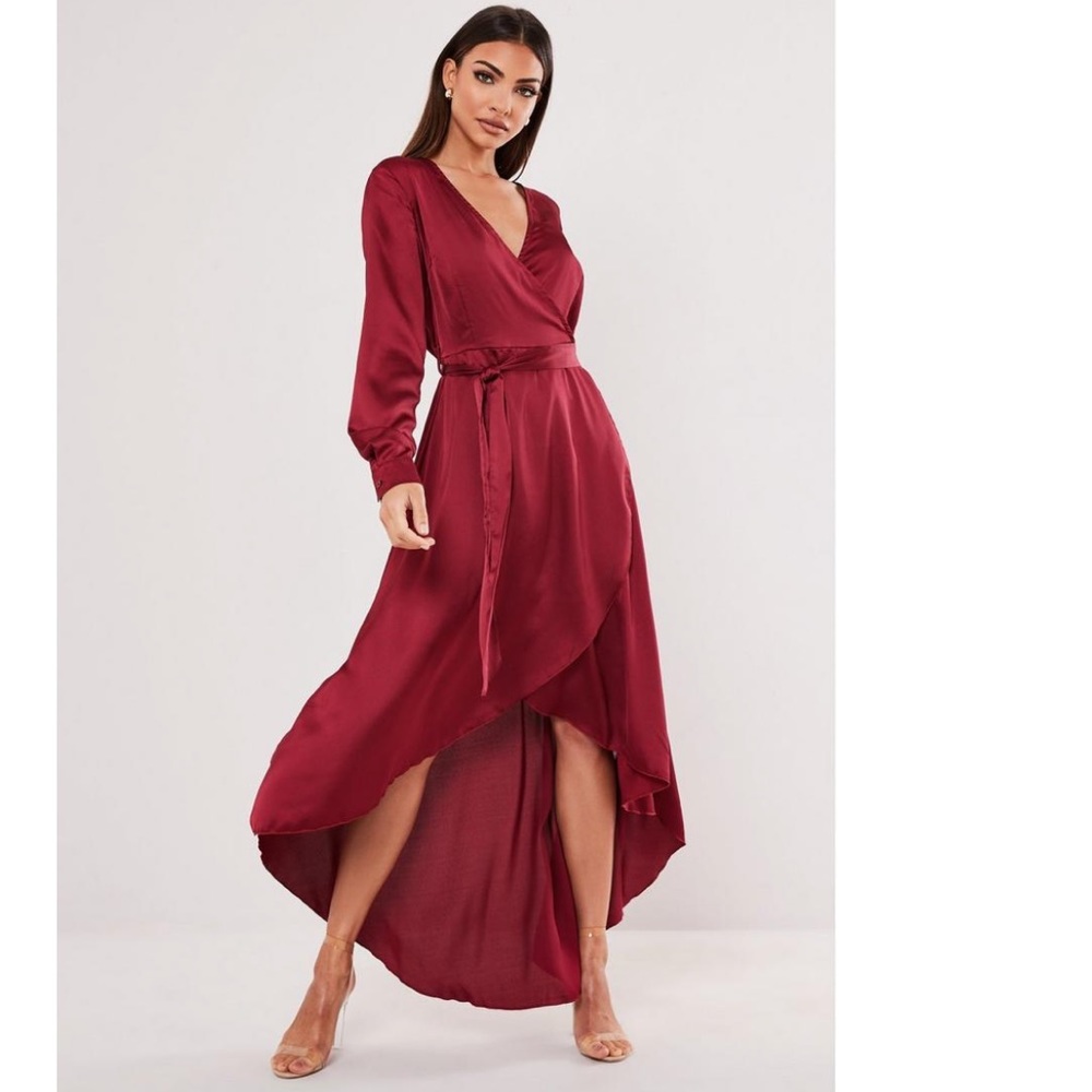 NWT Burgundy Satin Long Sleeve High Low Midi Dress
